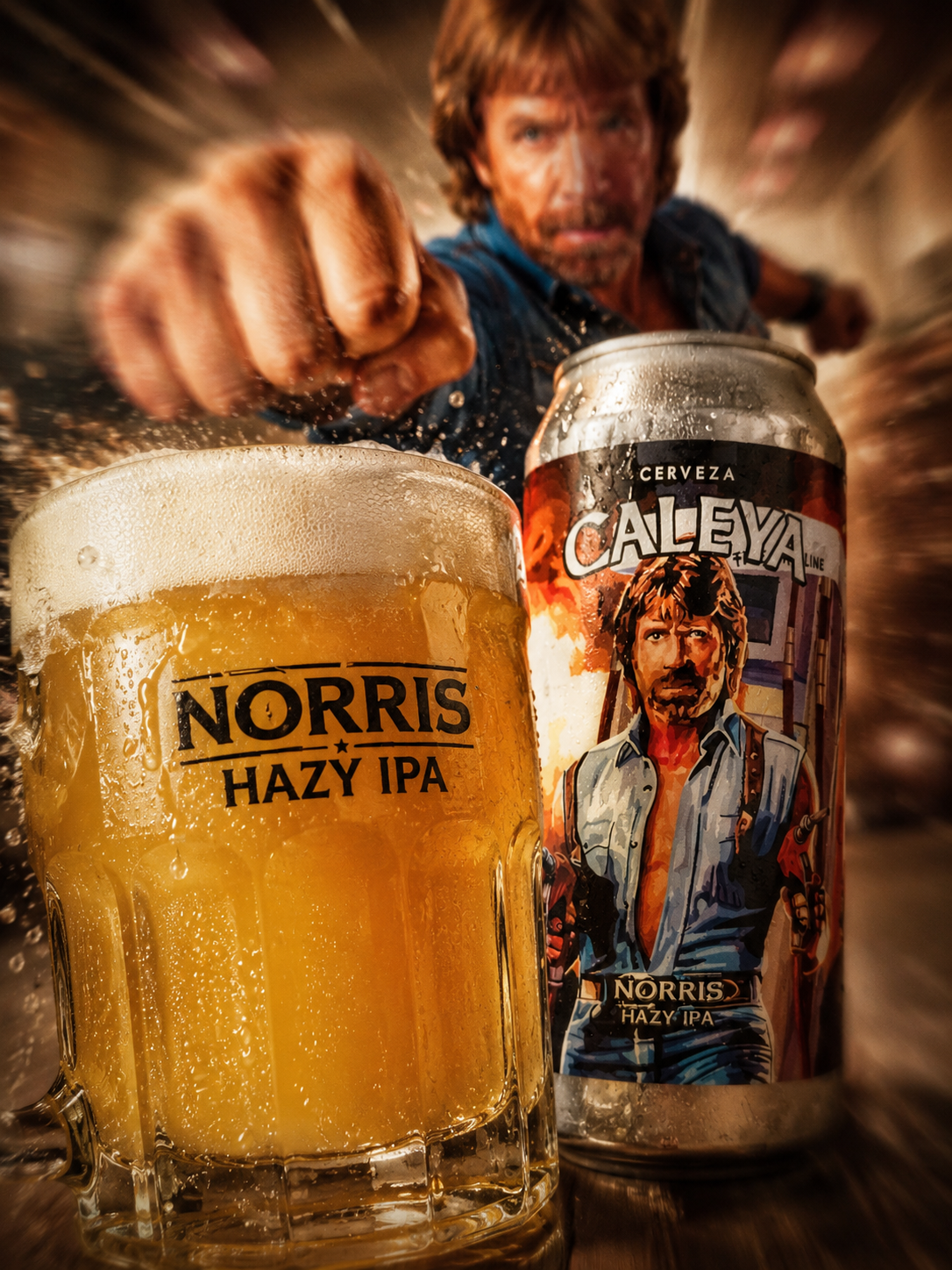 Diseño de la cerveza Norris de Caleya con un vaso servido, su lata de 44 cl y una ilustración de Chuck Norris dando un puñetazo en hazreiralacabra.com.