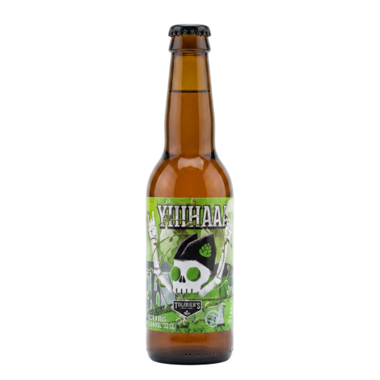 Botella de cerveza artesana Yiiihaaa de Tolibier's, estilo West Coast IPA con lúpulos americanos Chinook, Cascade y Mosaic.
