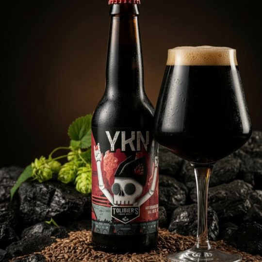 Botella de cerveza YKN Tolibier's junto a un vaso servido con espuma cremosa estilo American Stout.