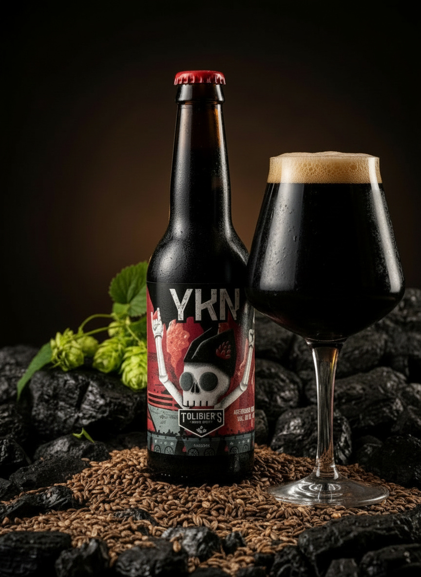 Botella de cerveza YKN Tolibier's junto a un vaso servido con espuma cremosa estilo American Stout.