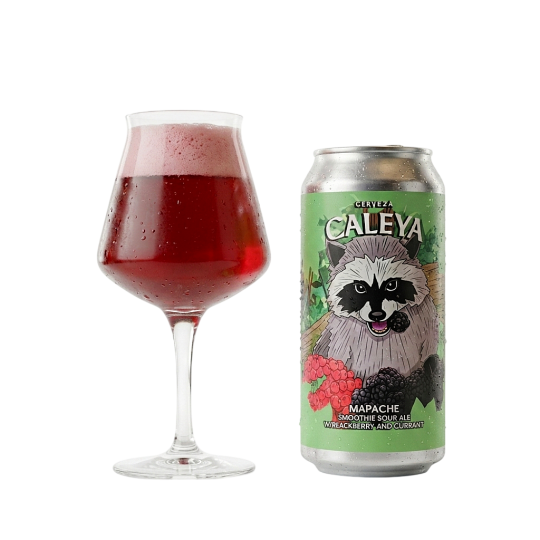 Lata de cerveza artesanal Caleya y copa de Mapache Smoothie Sour Ale en hazreiralacabra.com