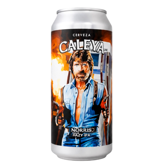 Lata de cerveza artesana asturiana Caleya Norris Hazy IPA 6,8% de 44 cl disponible en la tienda online hazreiralacabra.com.