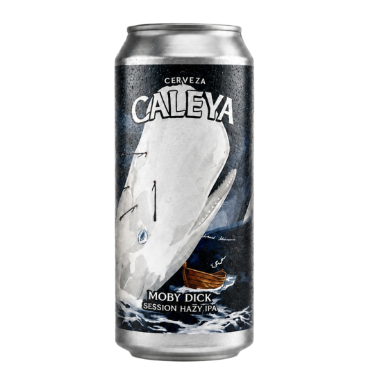 Lata de cerveza artesanal Moby Dick de Caleya, estilo Session Hazy IPA con lúpulos Mosaic, Nelson Sauvin y Krush Crio.